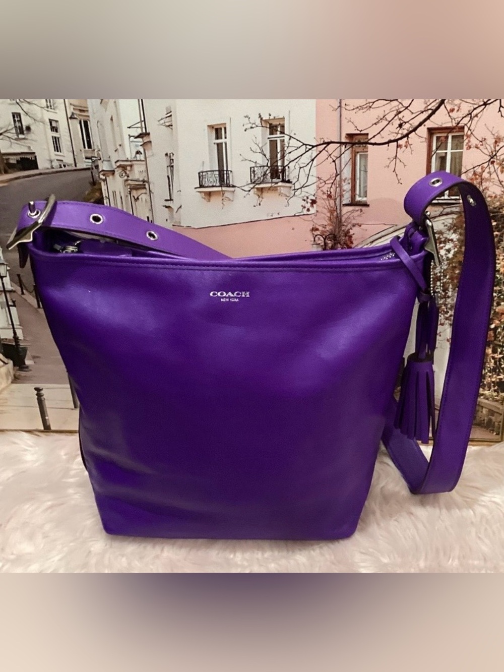 Coach Purple Leather Shoulder/Crossbody Bag – Tassel Detail – Silver Hardware